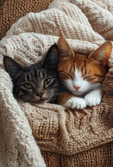 Two Adorable Cats Snuggled Together Under Cozy Blanket in Warm Tones, Capturing the Essence of Feline Friendship and Comfort at Home