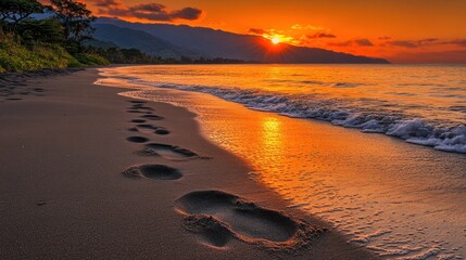 Sunrise beach footprints, tropical location, calm waves,  sunset views