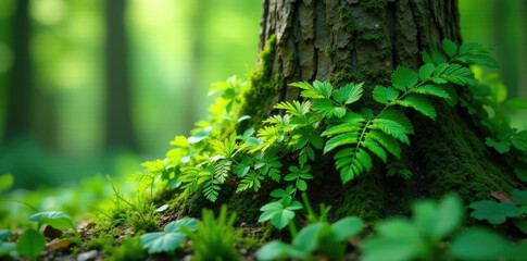 Fototapeta premium Ferns entwined around a tree trunk green lush leaves, ferns, nature