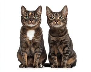 Obraz premium Two Beautiful Domestic Cats Sitting Side by Side Against a Pure White Background, Showcasing Unique Fur Patterns and Expressive Faces