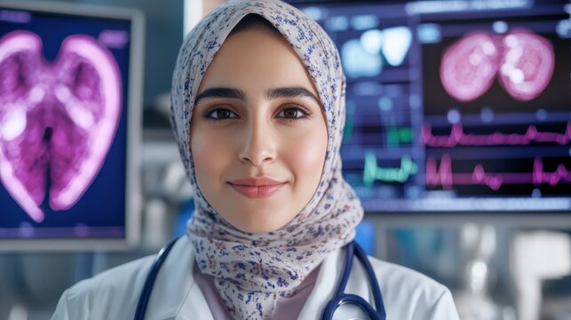 Female Healthcare Professional in a Medical Environment: A Portrait of a Muslim Doctor Wearing a Hijab, Standing in Front of Advanced Medical Equipment with Heart and Lung Imaging