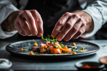 close up horizontal image of a fine dining chef finishing to plate a fancy dish