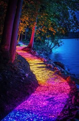 Colorful illuminated path, lakeside night walk, tranquil scene, nature photography, website banner