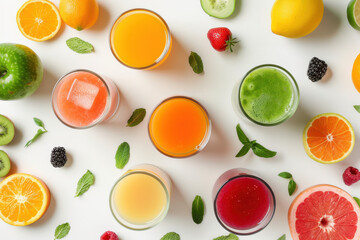 close up horizontal colorful image of different juices and smoothies, view from above