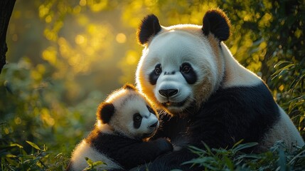 Fototapeta premium A mother panda lovingly embraces her cub in a lush green forest, with soft sunlight filtering through the trees