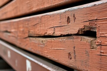 Close-up of weathered, cracked, red painted wooden planks, showing signs of age and wear, stacked horizontally.