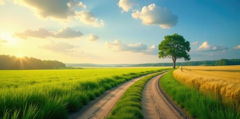 Fototapeta premium open fields and roads stretching out in the distance amidst trees, tree, field