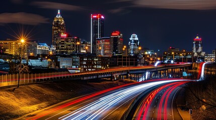 Fototapeta premium Vibrant night highway with light trails stretching towards the illuminated city skyline. The mesmerizing view of a busy thoroughfare at night, where the streaks of light from vehicles create a beautif