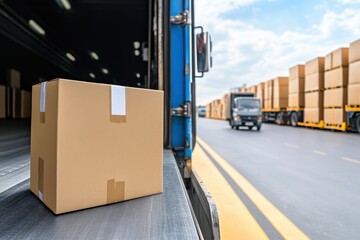 Cardboard box on conveyor belt, at truck's open door, other trucks blurred in background.