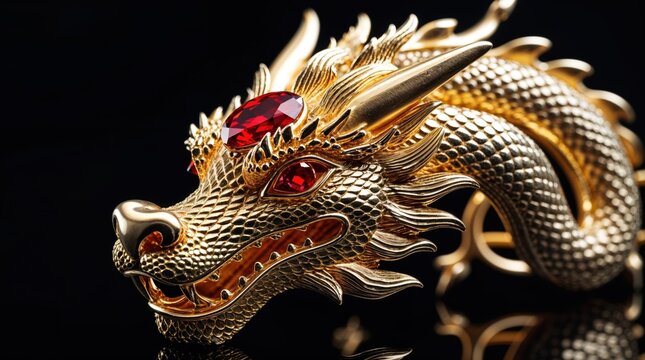 Intricate details and rich jewel tones define this golden dragon figurine, adorned with vibrant red gemstones. - Powered by Adobe