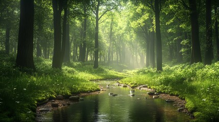 Obraz premium Refreshing stream meanders through tranquil forest with abundant trees and lush green foliage creating picturesque nature scene