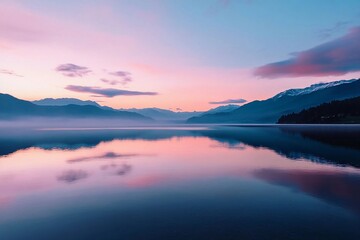 Stunning sunrise casts vibrant hues across tranquil lake reflecting majestic mountains and calm sky. Generative AI