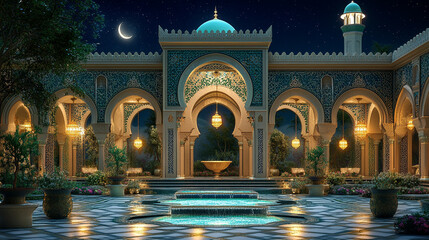 Enchanting Ramadan Garden Lanterns Archway and Fountain A Serene Islamic Silhouette Scene