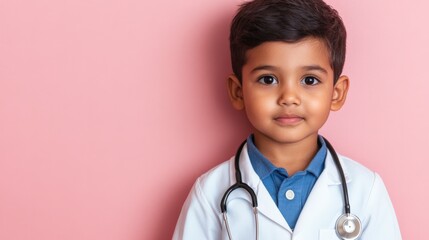 Young Child Dressed as Doctor with Stethoscope Against Pink Background, Emphasizing Aspirations in Medicine and Healthcare Careers for Kids