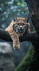 Fototapeta premium HD Phone Wallpaper Majestic Bobcat Resting on Tree Branch in Forest Habitat
