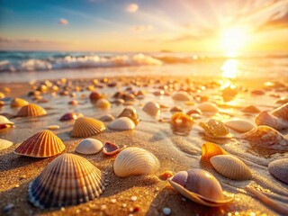 Minimalist Seashells on Wet Sand Beach Summer - Stock Photo