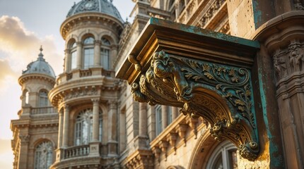 Fototapeta premium Intricate details of an ornate bronze-colored architectural element against the backdrop of a grand, light-beige building at sunset. The warm light highlights the craftsmanship.