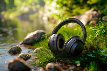 Naklejka premium Close-up of stereo headphones lying on a grass. Concept of nature and technology.