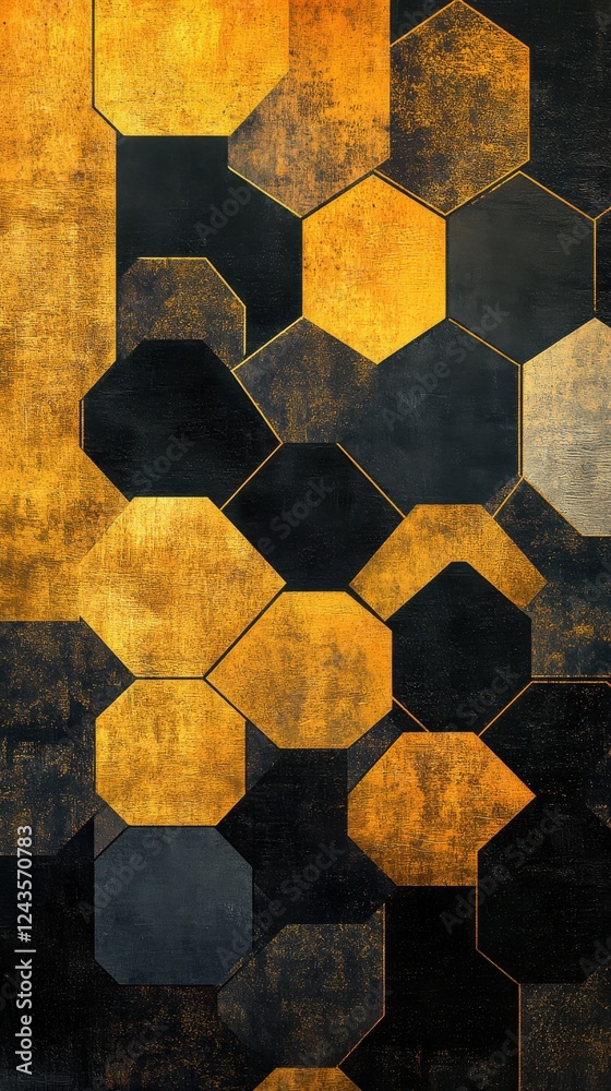 Poster geometric abstract background with hexagonal shapes in black and gold tones creating a dynamic visua