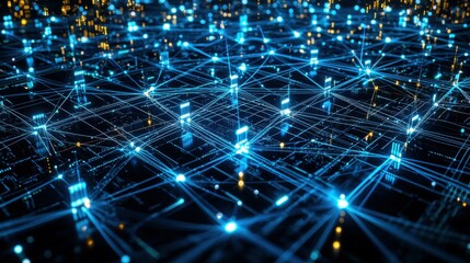 Obraz premium Abstract wire network connection with glowing lines and dots, symbolizing the flow of data through digital systems and modern technological infrastructure.