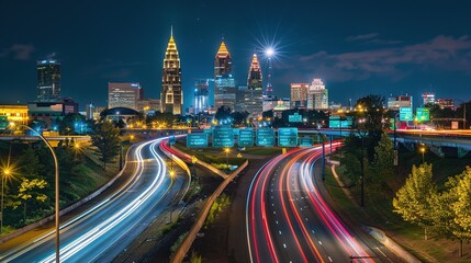 Fototapeta premium Vibrant night highway with light trails stretching towards the illuminated city skyline. The mesmerizing view of a busy thoroughfare at night, where the streaks of light from vehicles create a beautif