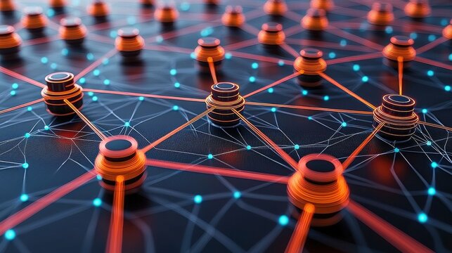 Particle connection network with glowing dots and interconnected lines, symbolizing the transfer of information through advanced networks and the evolving digital communication systems.