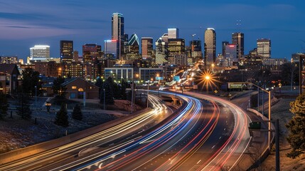 Fototapeta premium Vibrant night highway with light trails stretching towards the illuminated city skyline. The mesmerizing view of a busy thoroughfare at night, where the streaks of light from vehicles create a beautif