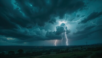 "Electric Storm: Dramatic Lightning and Turbulent Skies Over a Rural Landscape"