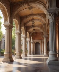 Vibrant painting of an arched arcade with classical columns and ornamental details, classical, vibrant, arcade, ornamental, painting