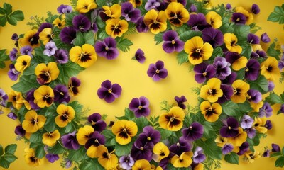 vibrant pansy flowers with soft green leaves arranged in a loose circular shape on a bright yellow background, botanicals, nature, foliage