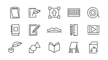 Art line icon set. Books, preschool, child, kindergarten, kid, cognitive, learn, various painting, tools, paint, creativity, graphic design, art line icon set. UI thin line icon pack.