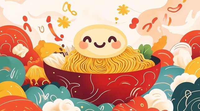 A fun flat illustration for National Noodle Month, featuring an animated-style bowl of noodles with a smiling face, surrounded by playful food characters like dumplings and vegetables. The design inco