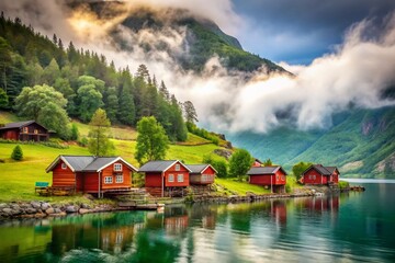 Naklejka premium Misty Fjord Norway: Cozy Camping Cabins Summer Escape