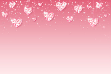Romantic pink background with glitter hearts decoration. Valentines day shining frame, border. Wedding string ornaments. Mothers day garland. Vector.