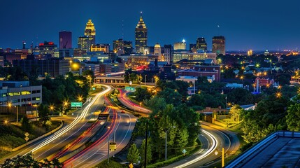 Fototapeta premium Vibrant night highway with light trails stretching towards the illuminated city skyline. The mesmerizing view of a busy thoroughfare at night, where the streaks of light from vehicles create a beautif