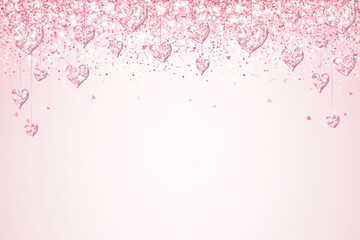 Romantic pink glitter background with hearts decoration. Valentines day frame, border. Wedding string ornaments. Mothers day garland. Vector.