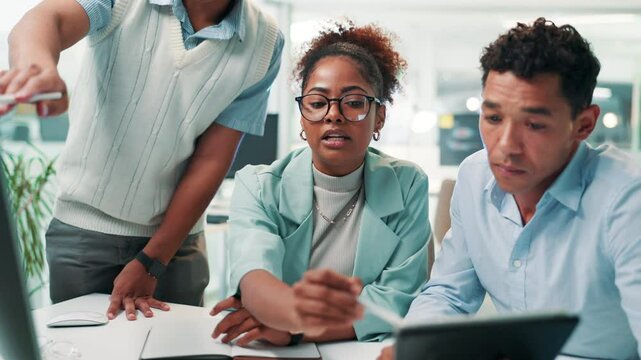 Employees, teamwork and tech for web design in office, discussion and online for programming code. Business people, collaboration and brainstorming for html efficiency, manager helping and support