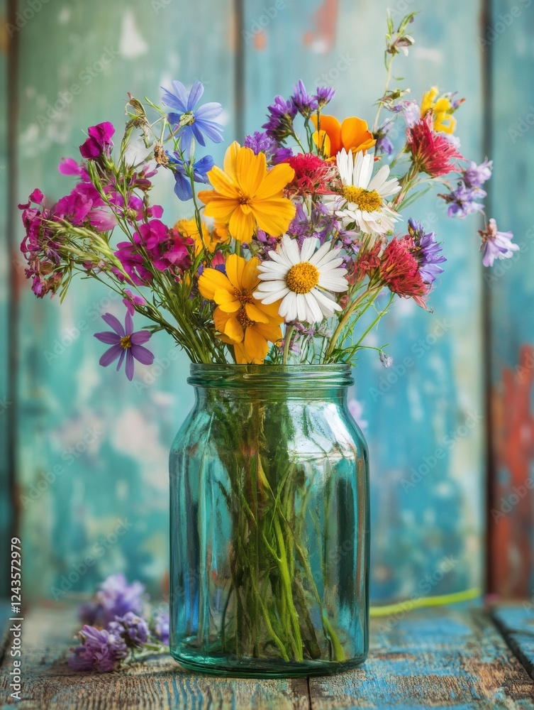 Poster close-up of a glass jar filled with colorful wildflowers and natural wooden textures in a rustic set