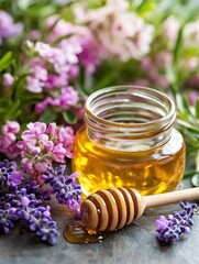 Close-up view of a glass jar filled with golden honey and a wooden dipper surrounded by vibrant flowers