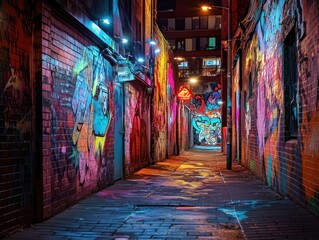 Fototapeta premium Colorful graffiti alley at night, urban scene, background city lights, ideal for urban backgrounds