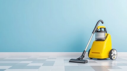 Obraz premium Yellow Vacuum Cleaner Standing on Clean Floor Against Light Blue Wall in Modern Room