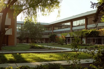 Fototapeta premium Serene courtyard of a university campus with lush greenery, walkways, and modern buildings, illuminated by warm morning sunlight