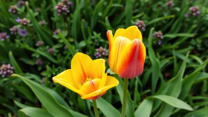 Vibrant yellow and red tulip contrast beautifully against a lush green background, background, blossom