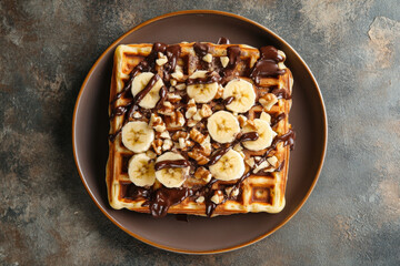 Plate of waffles with bananas and chocolate sauce