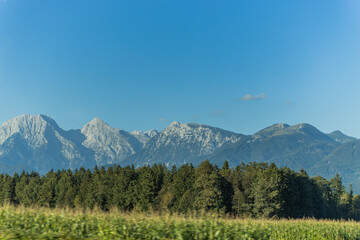 Mountain landscape on the trek Via Alpina in the Julian Alps in Slovenia.