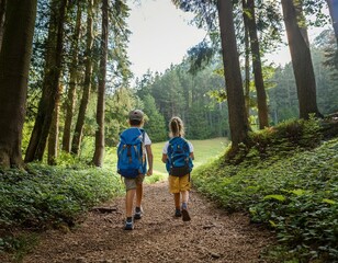 Fototapeta premium Generated image Kids taking a nature hike through a lush forest, exploring the beauty of the outdoors