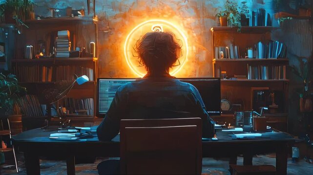 A man sits at a desk facing a computer, with glowing rings of fire behind him in a dark, moody setting