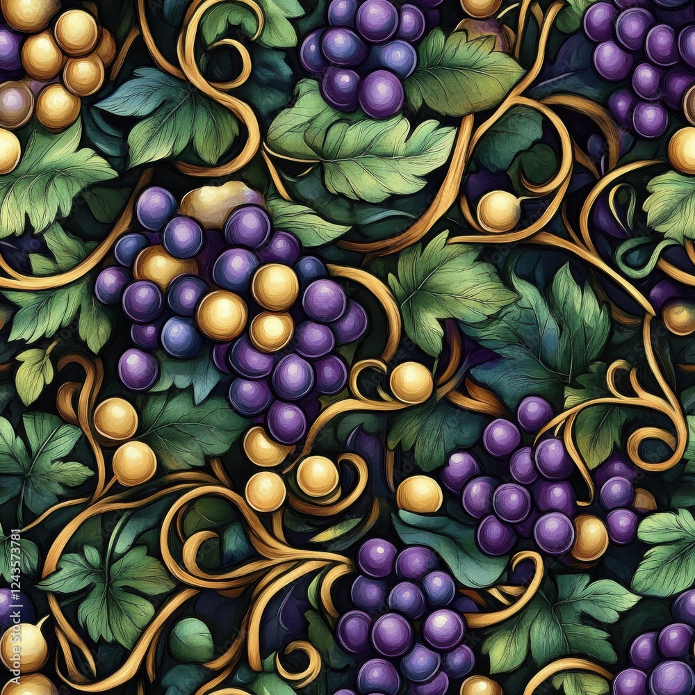 Aufkleber Intricate doodles of grape vines and leaves create a vibrant backdrop with intertwining elements celebrating nature's beauty