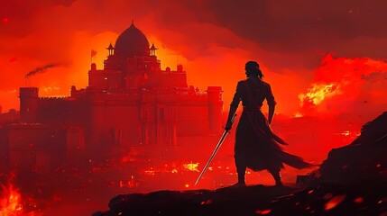 A grand and symbolic background for Shivaji Jayanti, featuring a bold silhouette of Chhatrapati Shivaji Maharaj holding a sword, with the iconic Raigad Fort in the background
