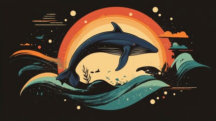 Vibrant Whale Jumping Against Sunset with Colorful Waves and Stars